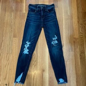 American Eagle Distressed Dark Wash Hi Rise Jeggings Crop / Size 0